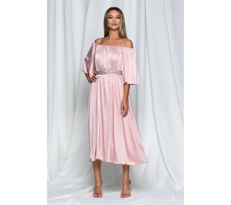 Rochie Ella Collection Amedeea midi roz sidefata cu maneci cazute si strasuri