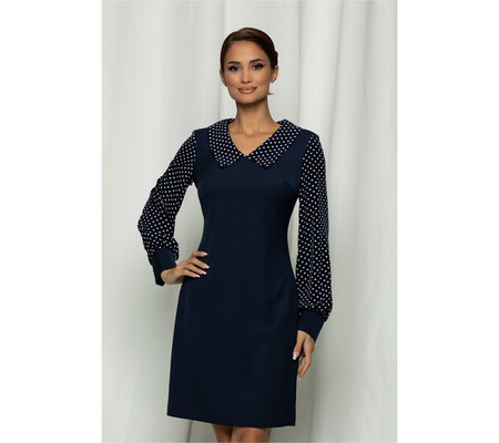 Rochie Ella Collection Tania bleumarin cu buline pe maneci si guler