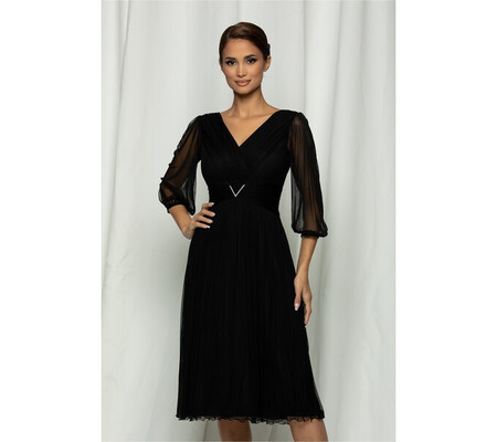 Rochie Ginette neagra cu pliuri la bust si aplicatie stralucitoare in talie