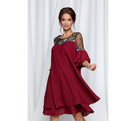 Rochie Giselle bordo lejera cu broderie florala colorata