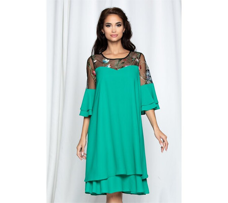 Rochie Giselle verde lejera cu broderie florala colorata