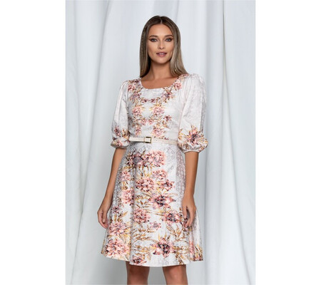 Rochie Hilarry bej cu imprimeu floral si curea in talie