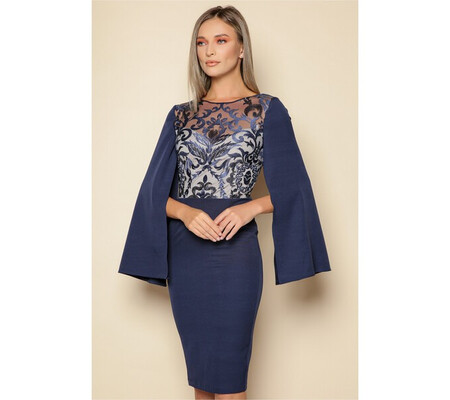 Rochie MBG bleumarin cu maneci stil capa si dantela la bust
