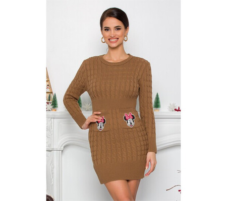 Rochie Minnie maro din tricot cu design impletit