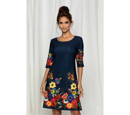 Rochie Mira bleumarin cu flori colorate