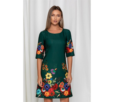 Rochie Mira verde dreapta cu flori colorate