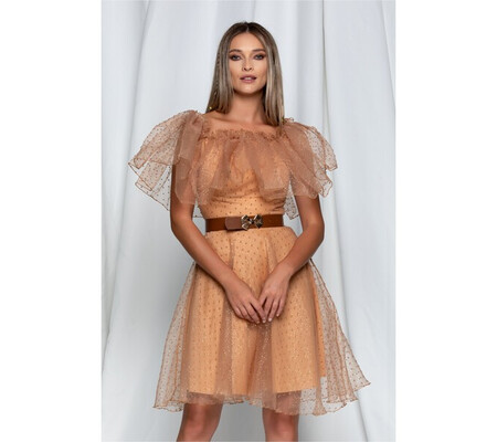 Rochie Xya maro din tulle cu lurex argintiu si curea in talie