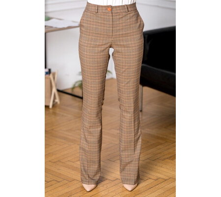 Pantaloni dama office crem cu carouri maro