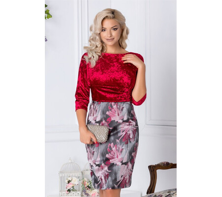 Rochie Abena midi burgundy cu imprimeu floral roz