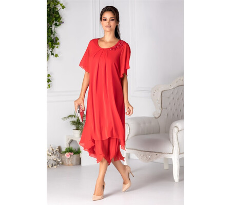 Rochie Anina midi rosie din voal cu broderie si perle