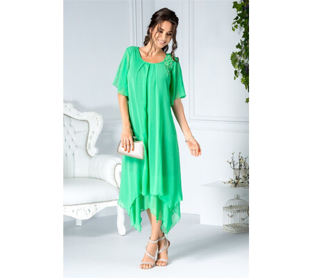 Rochie Anina midi verde din voal cu broderie si perle