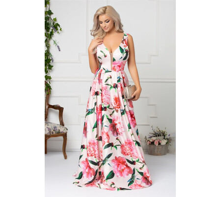 Rochie Artista Tina lunga roz pal cu imprimeu floral