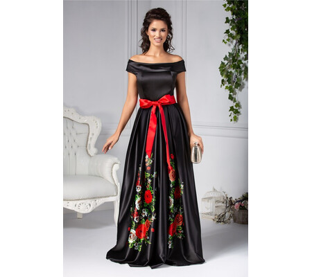 Rochie Avina lunga de seara neagra cu trandafiri
