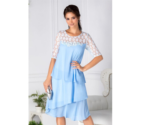 Rochie Carolina bleu cu volanase si broderie cu perle la bust