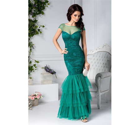 Rochie Charo verde lunga de seara cu dantela si broderie