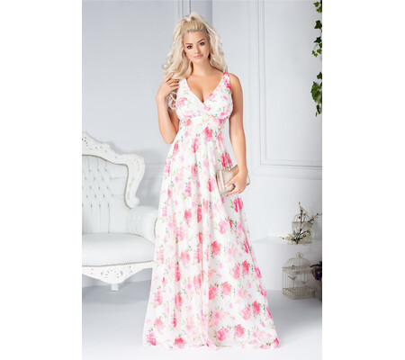 Rochie Fofy Romina lunga ivory cu imprimeu floral