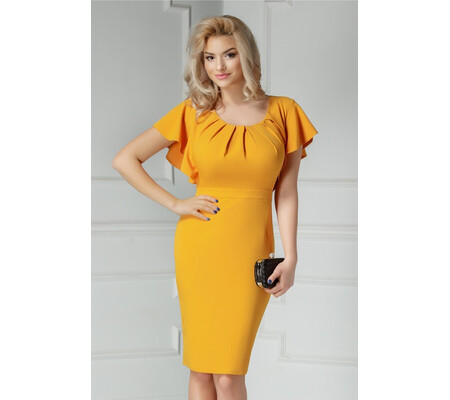 Rochie Kasia galben mustar midi cu pliuri la bust