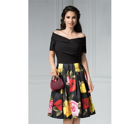 Rochie Kristie neagra midi cu imprimeu cu trandafiri