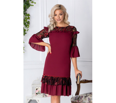 Rochie LaDonna bordo cu volane si broderie