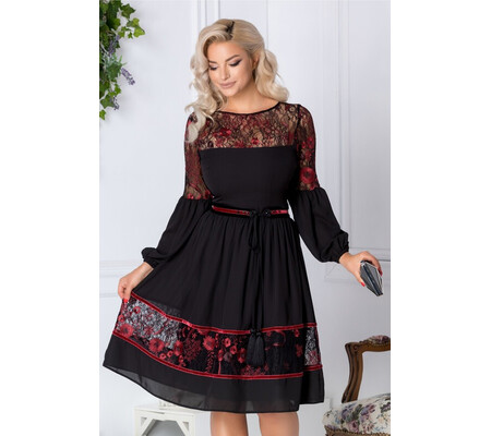 Rochie LaDonna clos neagra cu flori bordo brodate