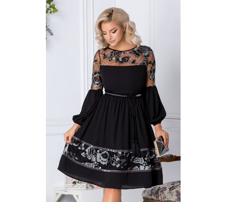 Rochie LaDonna clos neagra cu flori gri brodate