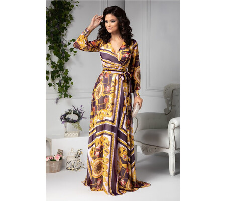 Rochie Ladonna lunga vaporoasa mov cu imprimeu