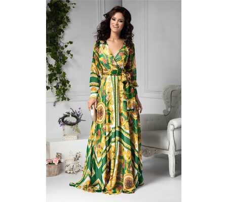 Rochie Ladonna lunga vaporoasa verde cu imprimeu