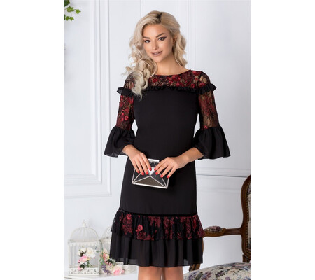 Rochie LaDonna neagra cu volane si broderie bordo