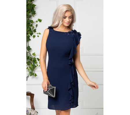 Rochie Leonard Collection bleumarin cu flori 3D si volanas