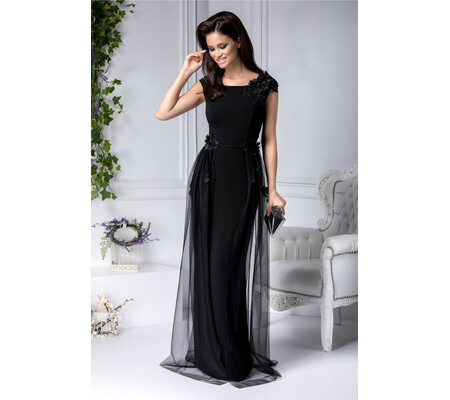 Rochie Leonard Collection lunga neagra cu flori 3D si voal