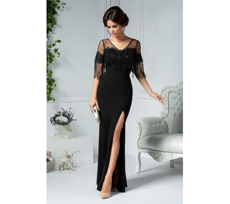 Rochie Leonard Collection lunga neagra cu franjuri la bust