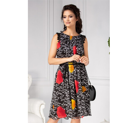 Rochie Leonard Collection neagra vaporoasa cu detalii florale