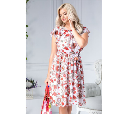 Rochie Louisse alba cu imprimeu floral rosu