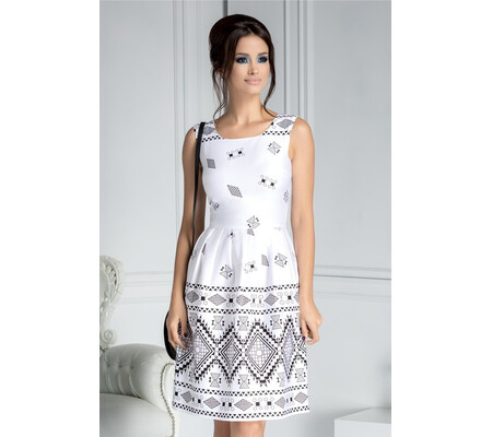 Rochie Millena clos alba cu print geometrice negru