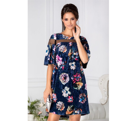 Rochie Moze indigo din catifea cu print floral