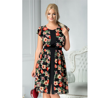 Rochie Moze Masha neagra cu print floral rosu