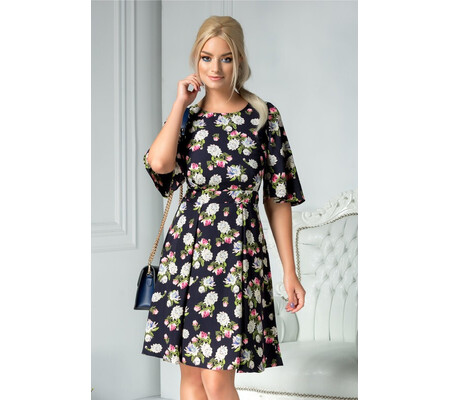 Rochie Moze Matilda bleumarin cu print floral crem