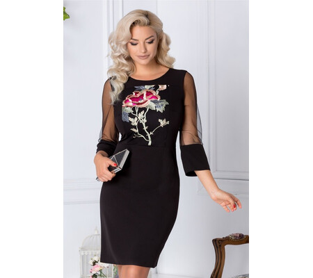 Rochie Moze neagra cu maneci din tull si broderie