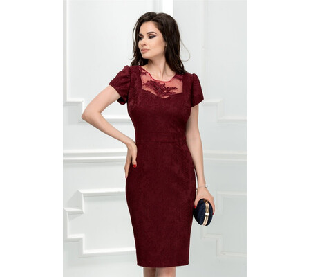 Rochie Nadia bordo din brocard cu broderie