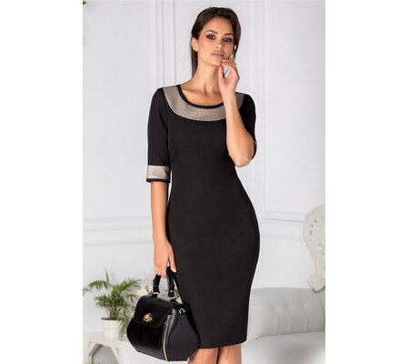 Rochie Sailor neagra office cu banda decorativa la maneci si decolteu