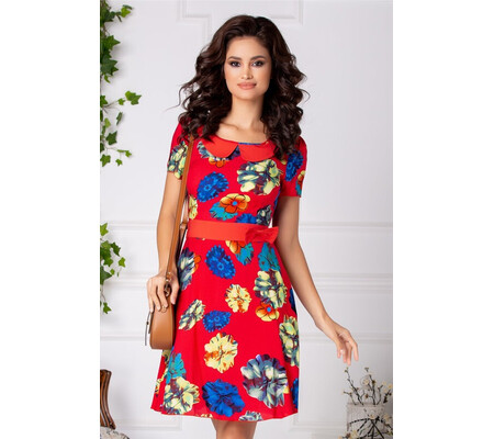 Rochie Senna rosie cu imprimeu floral si funda in talie