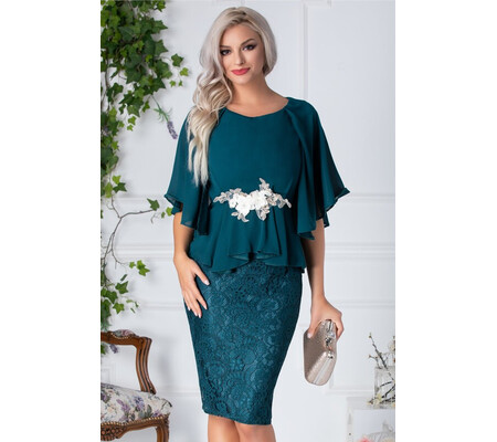 Rochie Thelma verde din dantela si voal cu flori 3D