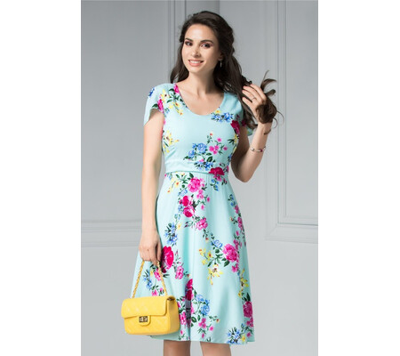 Rochie Veda bleu de vara cu imprimeu floral roz