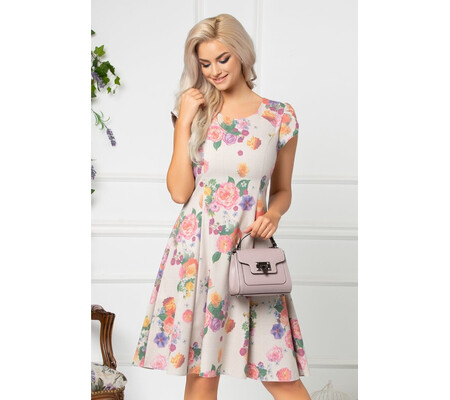 Rochie Verna bej cu imprimeu floral colorat