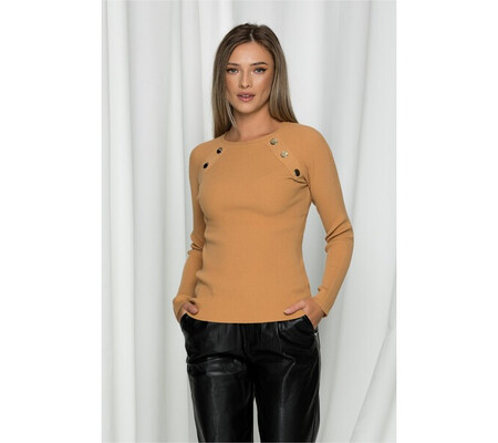 Bluza Alina camel din tricot reiat cu nasturi decorativi