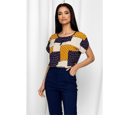 Bluza Gabrielle bej cu maneci scurte si imprimeu geometric galben mustar