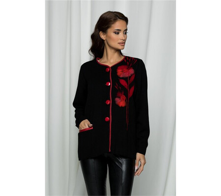 Cardigan Mara negru cu imprimeu floral rosu