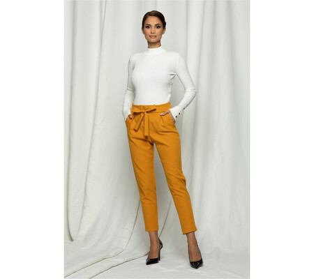 Pantaloni Dy Fashion galben mustar cu talie elastica si cordon
