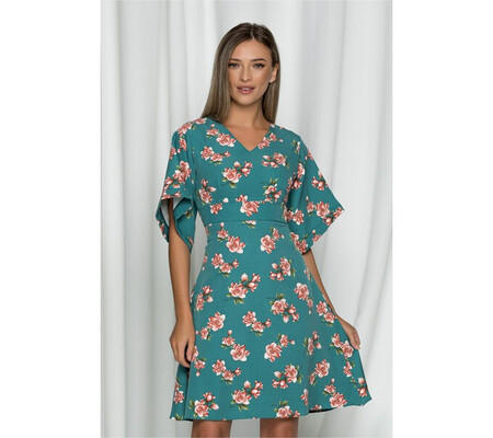 Rochie Cami turcoaz cu imprimeu floral si maneci evazate