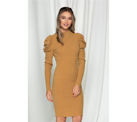 Rochie Elisa maro camel din tricot cu umeri bufanti